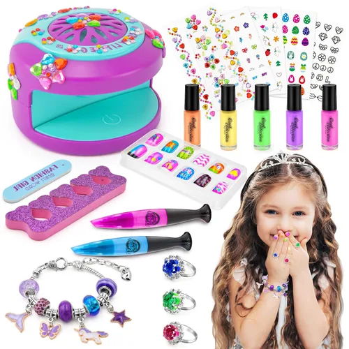 Miniatura 2 de Juego de esmaltes de uñas para niñas, kit de arte de uñas DIY con secador de uñas, uñas postizas, pegatinas de uñas, esmalte de uñas despegable,