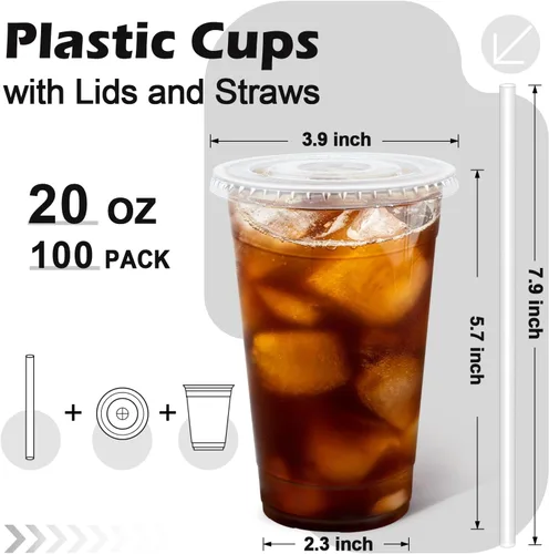 Miniatura 2 de Paquete de 100 vasos de plástico de 20 onzas con tapas y pajitas, tazas de café desechables para café helado, bebidas frías, batidos y batidos