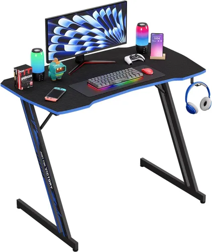 Miniatura 12 de PayLessHere Mesa de Juegos de 35" Azul Escritorio de Computadora en Forma de Z con Marco de Acero, Gancho para Auriculares, Pies Ajustables