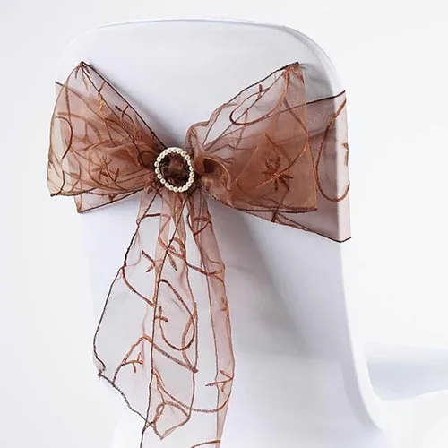 Miniatura 7 de Efavormart - 5 fundas de organza bordadas para silla con diseño de hojas de chocolate, para decoración de boda, silla, motivo de lazo, suministros
