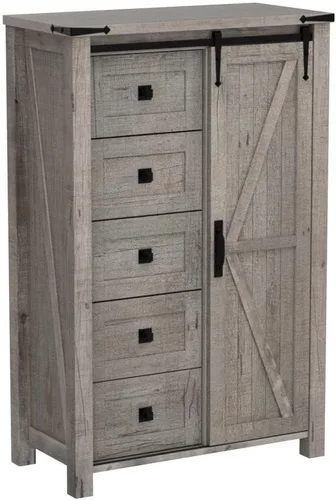 Miniatura 5 de T4TREAM Cómoda de 5 cajones para dormitorio con puerta de granero deslizante, cómoda moderna alta de estilo granja, 5 cajones, organizador de Roble