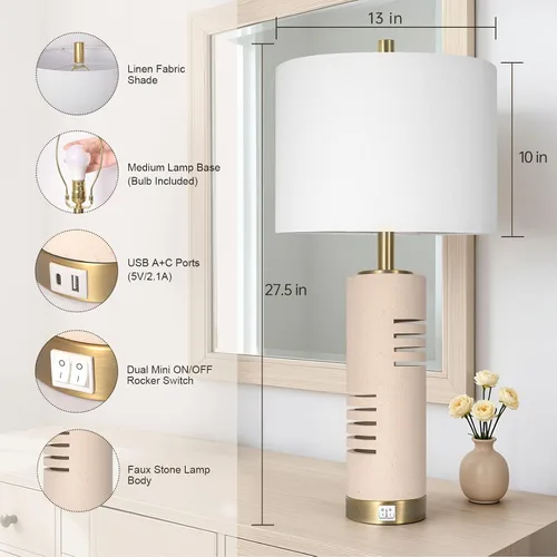 Miniatura 2 de KIVDITZO Juego de 2 lámparas de mesa de piedra sintética de 27.5 pulgadas, lámparas para sala de estar con luz nocturna, puertos USB A+C, modernas
