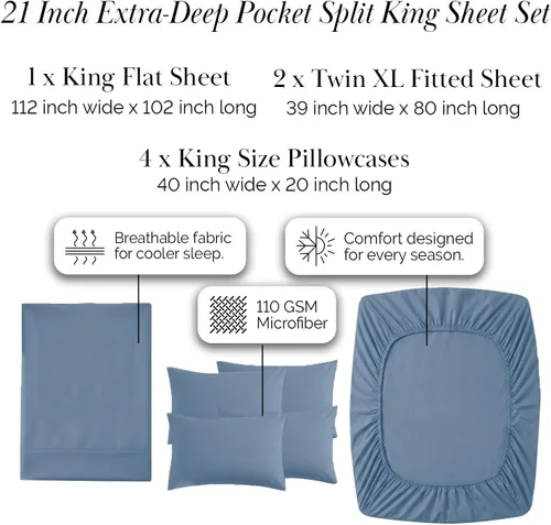 Miniatura 344 de Southshore Fine Living, Inc. Juego de 7 piezas de sábanas King divididas para cama ajustable, juego de sábanas King divididas con bolsillo de 21