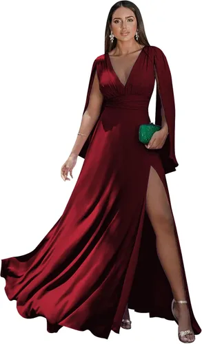 Miniatura 24 de Women's Long Sleeve Bridesmaid Dresses V-Neck Chiffon Ruched Formal Dress Evening Gown with Slit