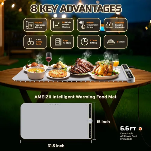 Miniatura 2 de Tapete de calentamiento para alimentos – Bandeja de calentamiento eléctrica extragrande de 32"x15" calienta 8 platos, 9 temperaturas ajustables