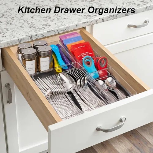 Miniatura 8 de SMARTAKE Organizador de cajones de 7 piezas con almohadillas de silicona antideslizantes, bandeja organizadora de cajones de escritorio de 4