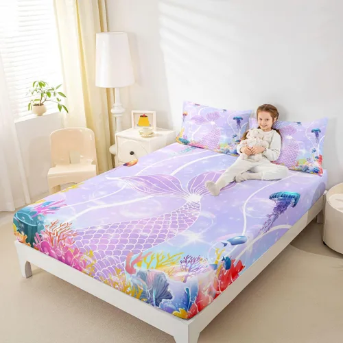 Miniatura 4 de Erosebridal Juego de sábanas tamaño individual de cola de sirena para niños, decoración de habitación de sirena, sábana bajera ajustable