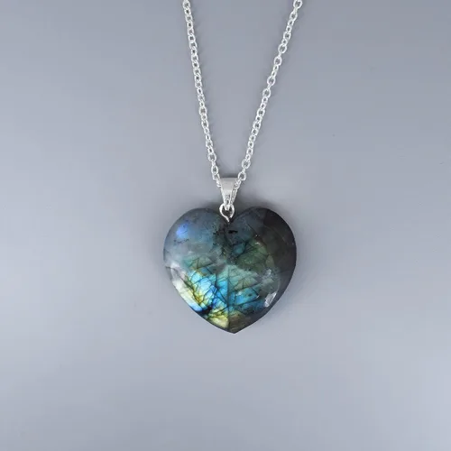 Miniatura 3 de Gempires Natural Labradorite Heart Pendant Necklace, Handmade Jewelry, Silver Plated 18 + 2 Inch Adjustable Chain (Labradorite)