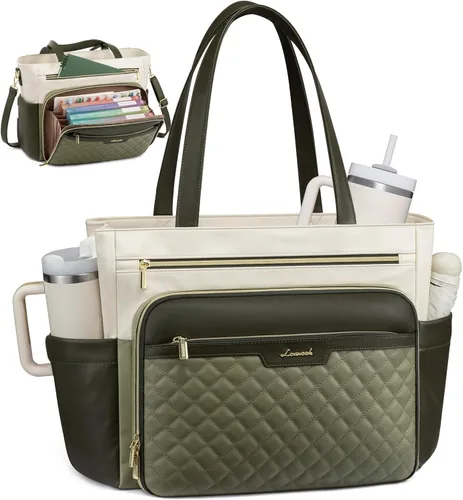 Miniatura 9 de LOVEVOOK: bolsa de mano para profesores con bolsillo de acordeón, maletín de trabajo de cuero PU suave acolchado, bolsa para laptop con portavasos