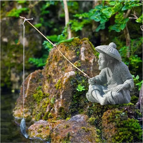 livelyfish Mini estatua de pescador, decoración asiática zen, figuritas de pesca, arenisca, adorno vintage para acuario, pecera, jardín, hogar,