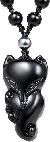Jewever Collar de zorro de la suerte de obsidiana negra con dije de cristal curativo de piedra natural, amuleto de protección con piedras preciosas,