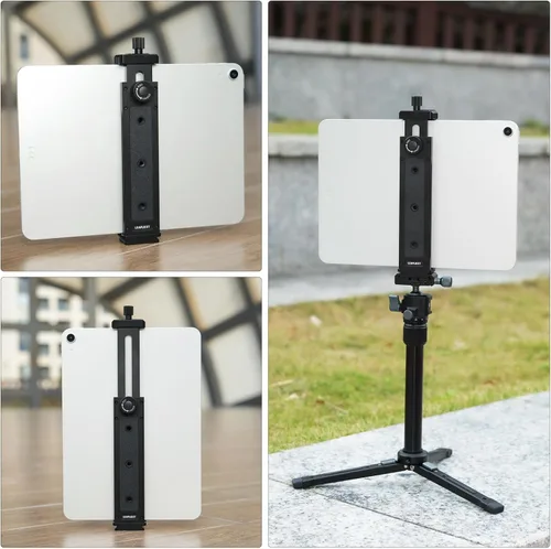 Miniatura 7 de Soporte para iPad de aleación de aluminio para trípode, compatible con iPad mini y tabletas de 5-8.8 pulgadas, tornillo de 1/4 pulgadas y liberación