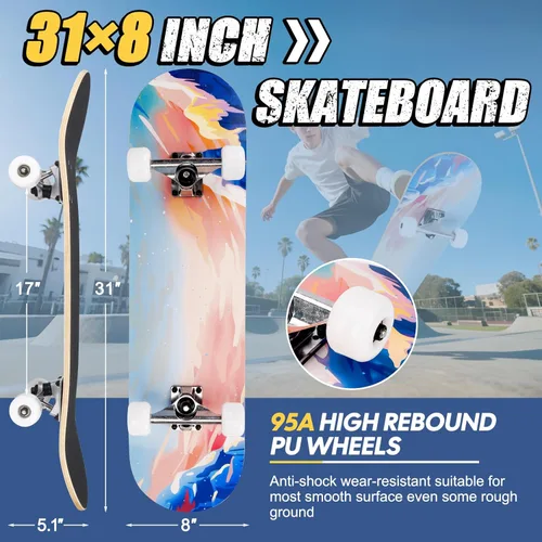 Miniatura 2 de Patinetas para principiantes, adultos, jóvenes, adolescentes, niños o niñas, de 31 x 8 pulgadas, patinetas completas de 7 capas de madera de arce