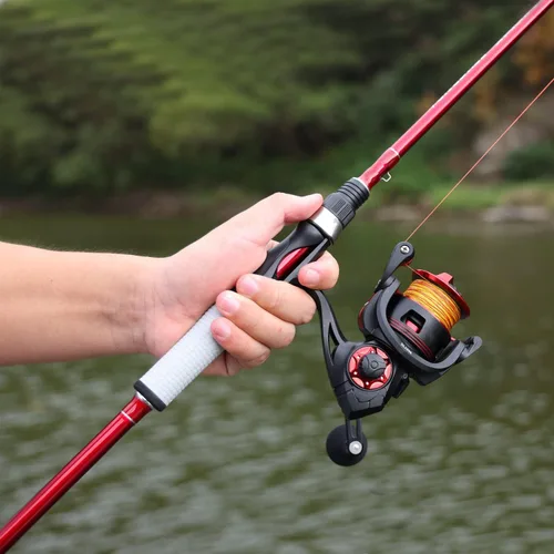 Miniatura 7 de Combo de Carrete y Caña de Pescar One Bass Spirit Flame, Caña de Pescar Giratoria con Blancos de Grafito de 2 Piezas, Guías de Acero Inoxidable Rojo