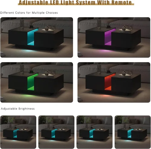 Miniatura 4 de HedoAjim Mesa de centro LED negra para sala de estar, mesa rectangular de sala de estar con almacenamiento, mesas de centro de acrílico con 2