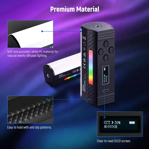 Miniatura 7 de NEEWER Vara de Luz Magnética Manual Básica, Luz de Video LED Mini RGB Completa de 360°, Batería de 2500mAh, Luz de Tubo de Cámara Ajustable