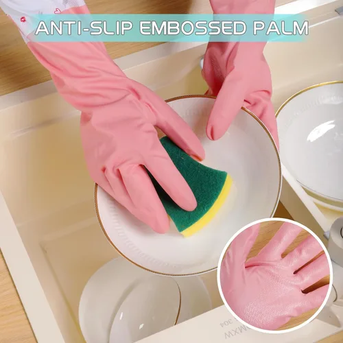 Miniatura 5 de XJMWXHFC 3 piezas de guantes reutilizables para lavar platos, guantes impermeables de manga larga antideslizantes para el hogar con forro de algodón