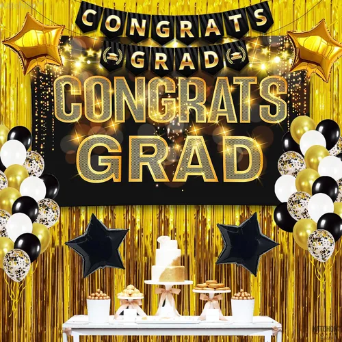 Miniatura 5 de Gran juego de globos de graduación dorados 2022 – Suministros para fiesta de graduación 2022 Decoraciones de graduación en negro y dorado 2022