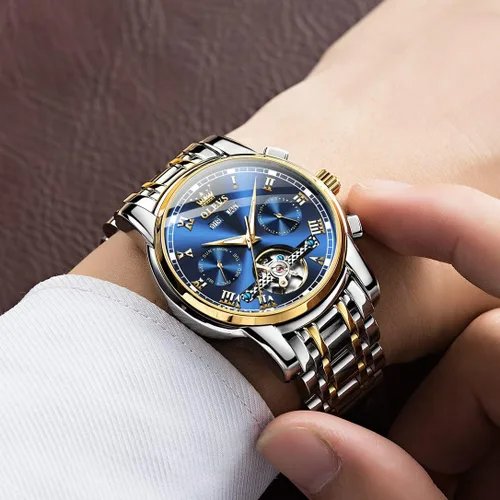 Miniatura 3 de OLEVS Relojes de cuerda automática para hombre vestido mecánico automático Tourbillon de acero inoxidable doble calendario impermeable luminoso