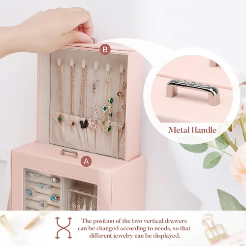 Miniatura 5 de Homde Organizador de joyas para niñas y mujeres, joyero para collares, anillos, aretes, estuche de almacenamiento de joyas (rosa melocotón)