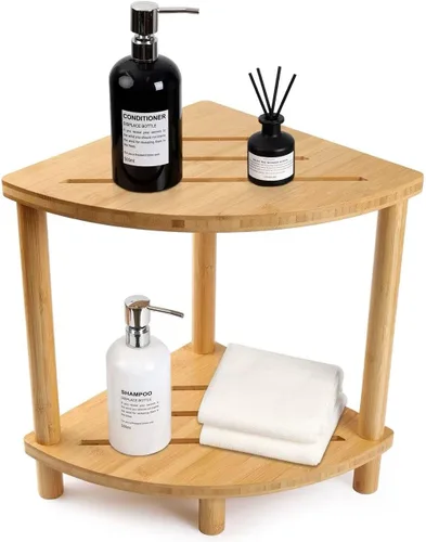 Taburete de ducha esquinero de bambú mejorado para ducha interior impermeable, reposapiés de ducha de 2 niveles con estante de almacenamiento,