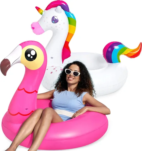 JOYIN Paquete de 2 flotadores inflables de flamenco y unicornio para piscina, juguetes para decoración de fiesta, vacaciones de verano, lago, playa,