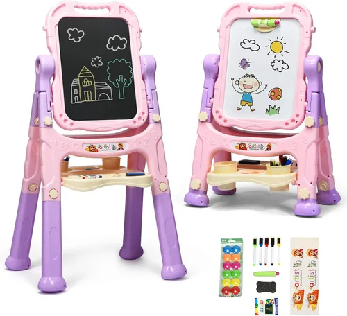Miniatura 10 de Costzon Caballete de arte para niños, altura ajustable con rotación de 360°, tablero de dibujo de doble cara con pizarra y pizarra blanca, juego