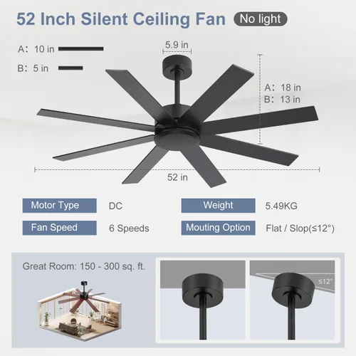 Miniatura 7 de Ventilador de techo de 52 pulgadas sin luz, moderno ventilador de techo con control remoto, motor de corriente continua de 8 aspas reversibles