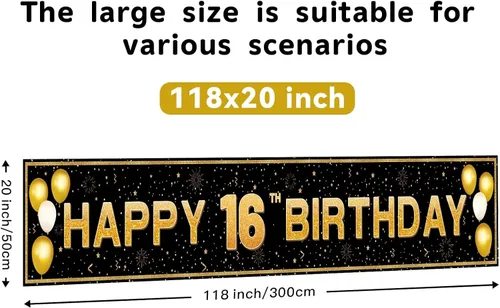 Miniatura 2 de Decoraciones de cumpleaños número 16 para niños y niñas, pancarta de decoración de feliz cumpleaños de 16 años en negro y dorado, suministros
