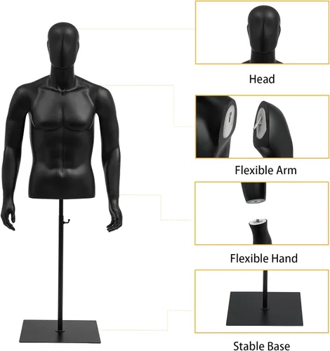 Miniatura 5 de Forma de vestido de torso de maniquí masculino, maniquí de costura con brazos desmontables, exhibición de maniquí con soporte de metal, altura