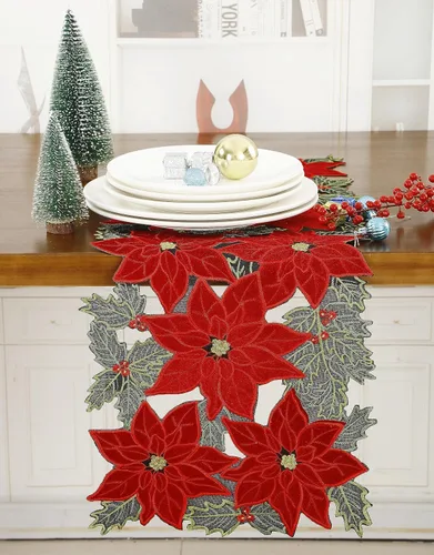 Miniatura 6 de GRANDDECO Camino de Mesa Navideño para Fiestas Campestres Bufandas de Tocador Bordadas con Flores de Nochebuena Navideñas Xmas para Casa Cocina Mesa