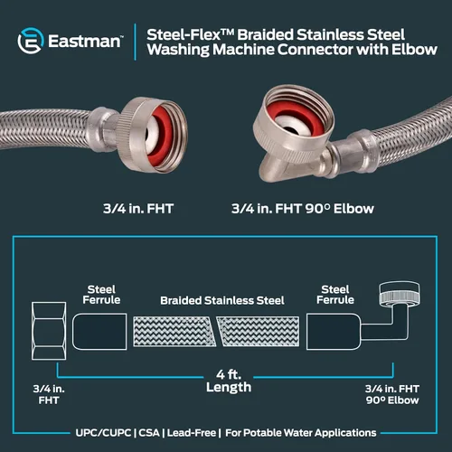 Miniatura 6 de Eastman 48373 Conector de manguera de lavadora de 4 pies con codo, 3/4 pulgadas FHT x 3/4 pulgadas FHT, acero inoxidable trenzado, 48373