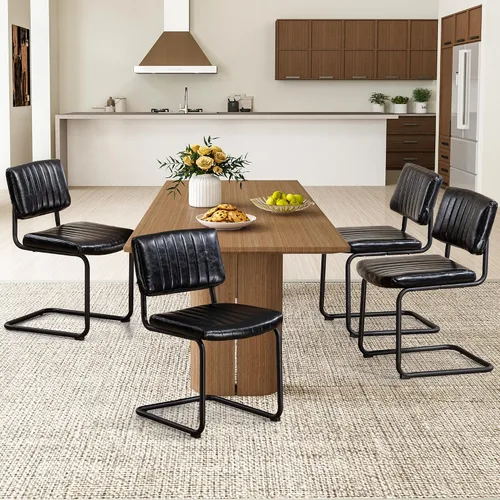 Miniatura 19 de Juego de 2 sillas de comedor voladizas, sillas de comedor modernas de mediados de siglo con patas de metal negro, sillas de cocina tapizadas