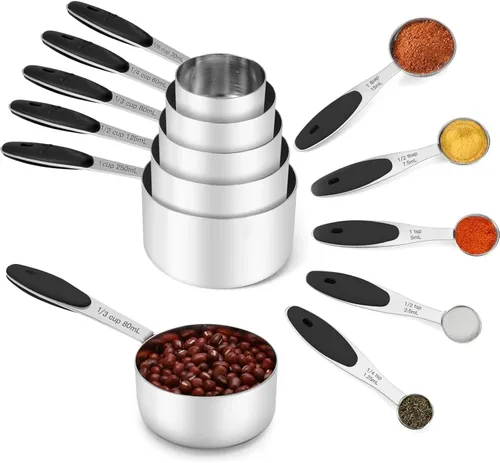 Joyhill Juego de 10 piezas de tazas y cucharas medidoras de acero inoxidable, juego de tazas medidoras de metal anidadas con mangos de silicona de