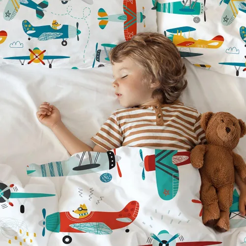 Miniatura 2 de Yasida Juego de edredón de avión para niños, tamaño individual, juego de ropa de cama de avión de dibujos animados coloridos para niños