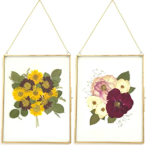 Miniatura 13 de Beedecor Juego de 2 marcos colgantes de vidrio doble para flores prensadas, hojas y obras de arte, marco flotante de metal grande con cadena, marcos