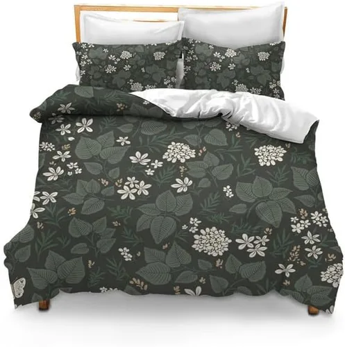 Juego de edredón de 3 piezas de color verde oscuro con hojas para todas las estaciones, estampado vintage moderno (sin edredón, 2 fundas de almohada)