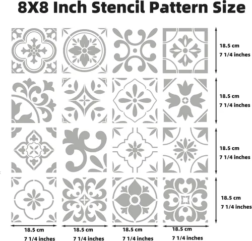 Miniatura 8 de Juego de 16 plantillas de azulejos españoles (8 x 8 pulgadas) patrones auténticos para suelo y pared, plantillas de azulejos reutilizables