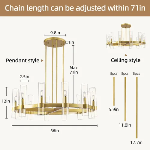 Miniatura 3 de Candelabro de 12 Luces de Latón Redondo 36" Candelabros de Rueda de Vagón de 91 cm para Fijo de Iluminación de Comedor Tubo de Vidrio Transparente