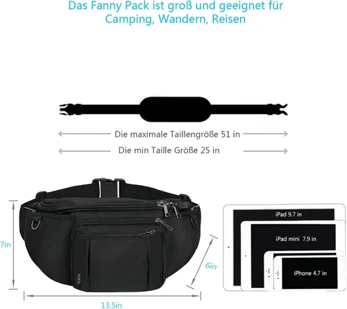 Miniatura 2 de Riñonera deportiva para hombres y mujeres, riñonera al aire libre con 6 bolsillos con cremallera, bolsa de gran capacidad con cinturón ajustable