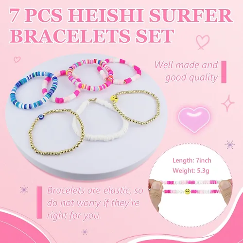 Miniatura 4 de Set de bolsa de maquillaje a cuadros Preppy con 7 pulseras Heishi y 50 pegatinas rosas, linda bolsa de viaje para cosméticos, regalos perfectos