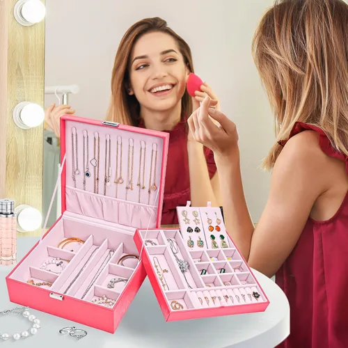 Miniatura 7 de Joyero para mujeres, niñas, novia, esposa, organizador de joyas de cuero grande, estuche de almacenamiento con dos capas para aretes, pulseras