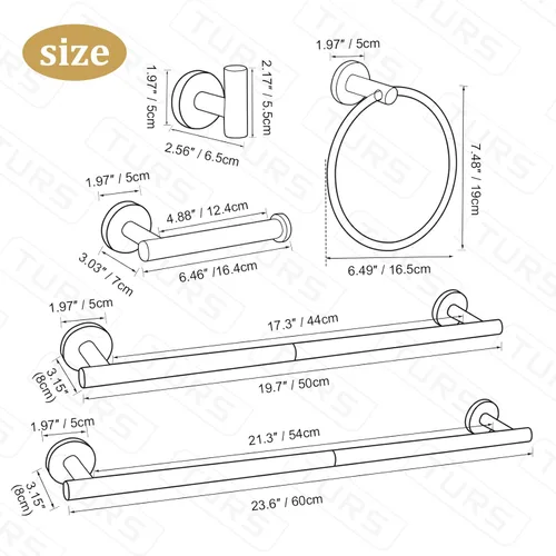 Miniatura 7 de TURS Juego de 8 piezas de accesorios de baño cepillados en oro, juego de barras de toalla de baño de 24 pulgadas y 20 pulgadas de acero inoxidable