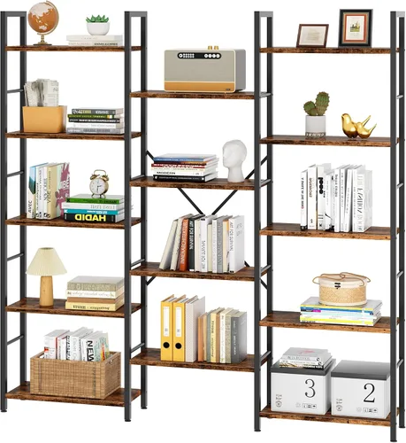Miniatura 7 de Estantería triple ancha de 4 niveles, 11 estantes abiertos, de pie, estantes ajustables para el hogar, sala de estar, dormitorio, gris