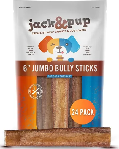 Miniatura 14 de Jack&Pup Bully Sticks Jumbo de 6 pulgadas para perros (paquete de 12) Palitos de perro de un solo ingrediente para perros grandes y masticadores