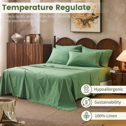 Miniatura 5 de Juego de sábanas 100 % de lino, transpirables y duraderas, 4 piezas, ropa de cama suave para todas las estaciones para personas que duermen