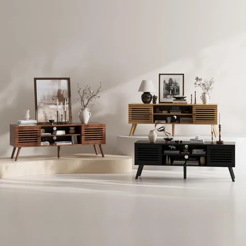 Miniatura 8 de Furnify Soporte de TV moderno de mediados de siglo de 53 pulgadas para TV de 50/55/60 pulgadas, consola multimedia de TV con puertas de listones