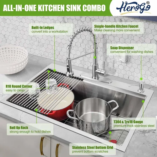 Miniatura 3 de Herogo 25×22 Inch Kitchen Sink, Stainless Steel Drop In Single Bowl 10'' Deep Kitchen Sink with Accessories, for Rv Bar Farmhouse