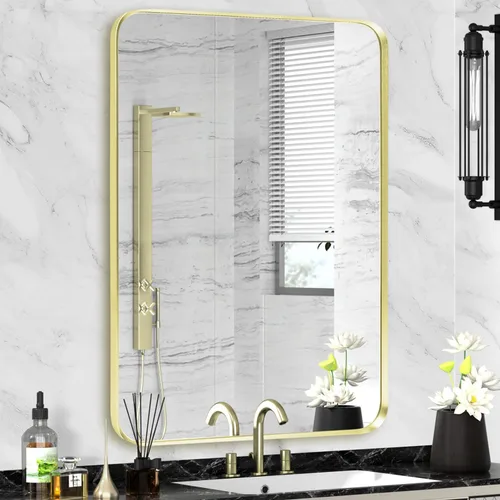 Miniatura 10 de Espejo de montaje en pared para baño, espejo rectangular de tocador rectangular con marco de metal negro cepillado (16 x 20 pulgadas, negro)