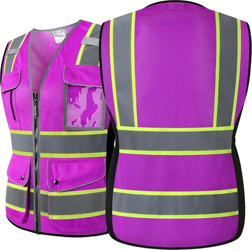 Miniatura 2 de Chaleco de seguridad reflectante para mujer, chaleco de malla de alta visibilidad con 8 bolsillos y cremallera frontal, chaleco de alta visibilidad